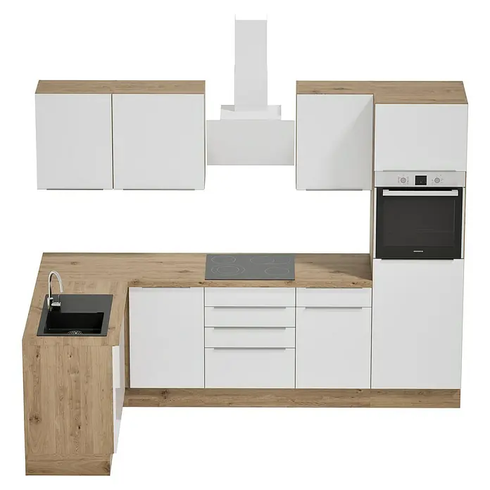 BAUHAUS Cocina esquinera Marleen - An x Pr: 280 x 170 cm, Blanco, Mate, Color del cuerpo: Marrón, Con electrodomésticos - Una cocina moderna con armarios blancos, encimera de madera y fregadero negro para una experiencia de cocina elegante.