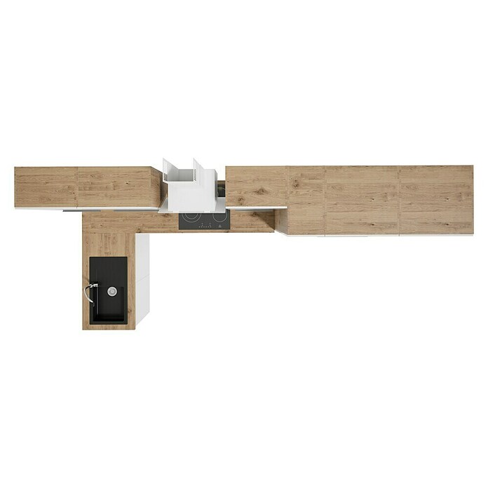BAUHAUS Cocina esquinera Marleen (An x Pr: 370 x 170 cm, Blanco, Mate, Color del cuerpo: Marrón, Con electrodomésticos) | BAUHAUS