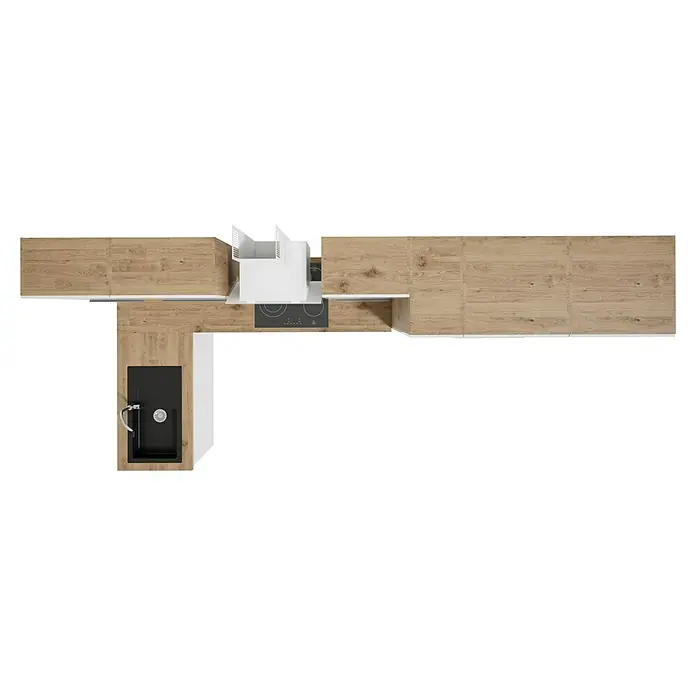 BAUHAUS Cocina esquinera Marleen - An x Pr: 370 x 170 cm, Blanco, Mate, Color del cuerpo: Marrón, Con electrodomésticos - Vista superior de una cocina moderna con armarios de madera, un fregadero negro y una placa de cocina. La cocina está equipada con una campana extractora.