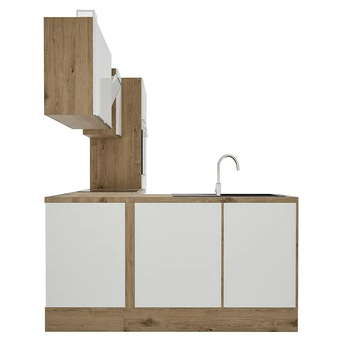 BAUHAUS Cocina esquinera Marleen - An x Pr: 340 x 170 cm, Blanco, Mate, Color del cuerpo: Marrón, Con electrodomésticos - Elegante diseño de cocina con frentes de armarios blancos y encimeras con aspecto de madera, complementado con un grifo moderno y elegantes armarios de pared.