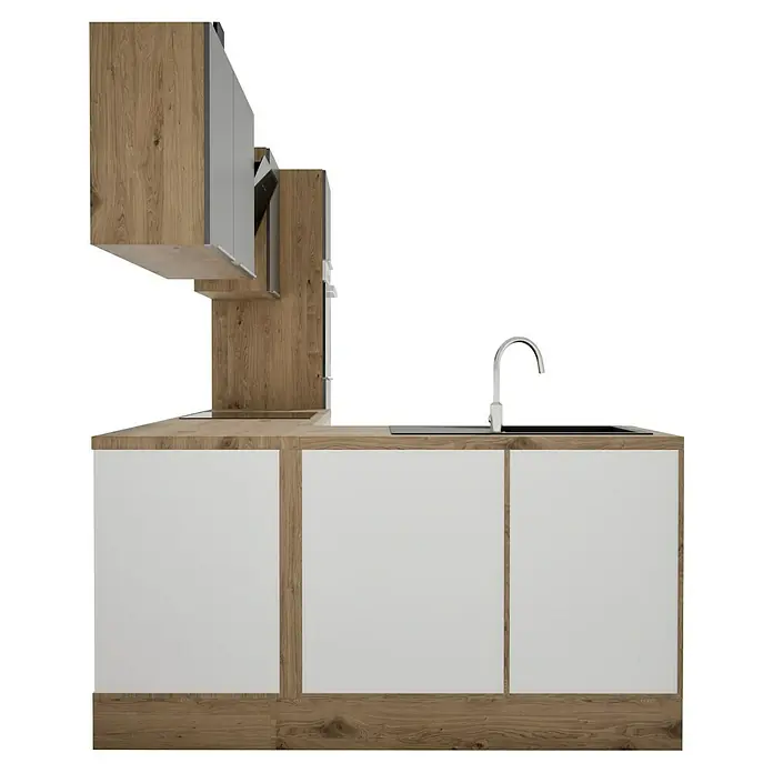 BAUHAUS Cocina esquinera Marleen - An x Pr: 280 x 170 cm, Gris, Mate, Color del cuerpo: Marrón, Con electrodomésticos - Cocina moderna con frentes blancos y marcos de madera. Los gabinetes superiores e inferiores ofrecen mucho espacio.