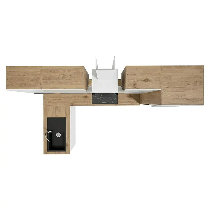 BAUHAUS Cocina esquinera Marleen - An x Pr: 280 x 170 cm, Blanco, Mate, Color del cuerpo: Marrón, Con electrodomésticos - Vista superior de una cocina moderna con fregadero negro, placa de inducción y detalles de madera en los armarios.
