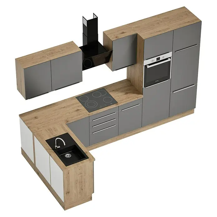 BAUHAUS Cocina esquinera Marleen - An x Pr: 340 x 170 cm, Gris, Mate, Color del cuerpo: Marrón, Con electrodomésticos - Vista de la cocina con fregadero, placa de cocina, campana extractora y horno en diseño gris con tapa de madera para diseño moderno.