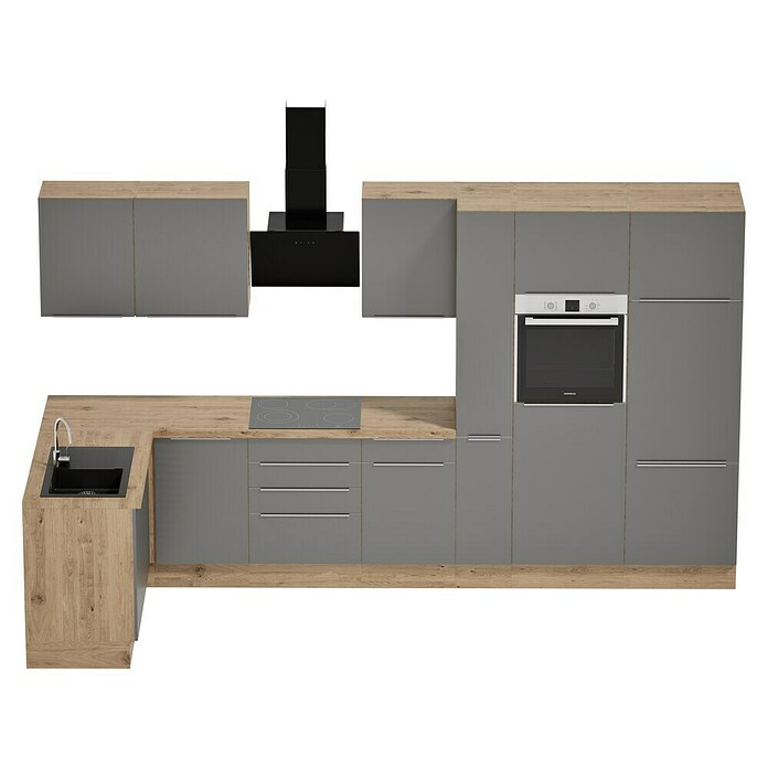 BAUHAUS Cocina esquinera Marleen (An x Pr: 370 x 170 cm, Gris, Mate, Color del cuerpo: Marrón, Con electrodomésticos) | BAUHAUS