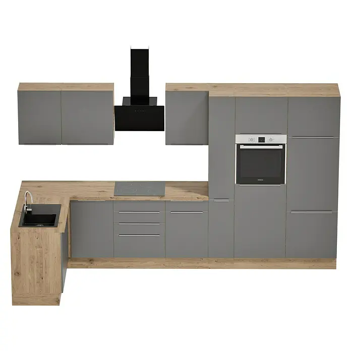 BAUHAUS Cocina esquinera Marleen - An x Pr: 370 x 170 cm, Gris, Mate, Color del cuerpo: Marrón, Con electrodomésticos - Diseño de cocina con armarios grises, una campana extractora y un fregadero con encimeras de madera para una estética moderna.