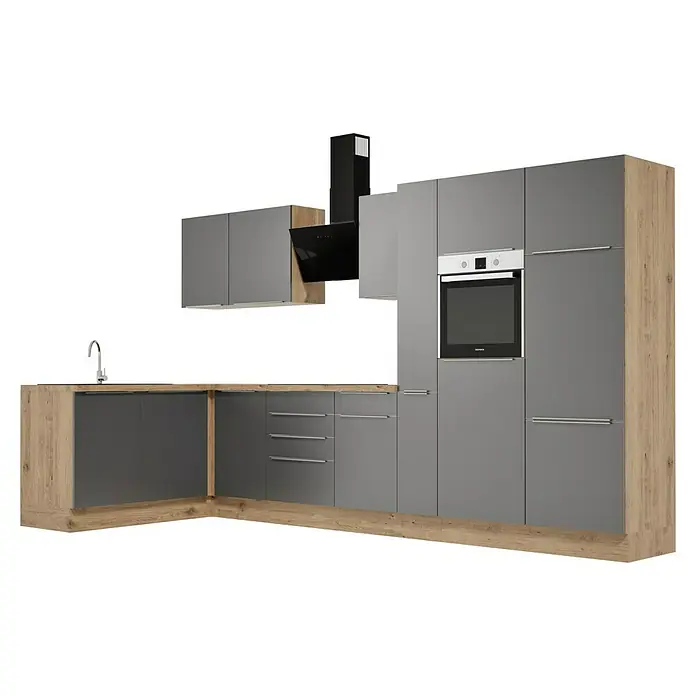BAUHAUS Cocina esquinera Marleen - An x Pr: 370 x 170 cm, Gris, Mate, Color del cuerpo: Marrón, Con electrodomésticos - Muebles de cocina con frentes de armarios grises y detalles de madera, incluyendo fregadero, horno y campana para un diseño moderno.