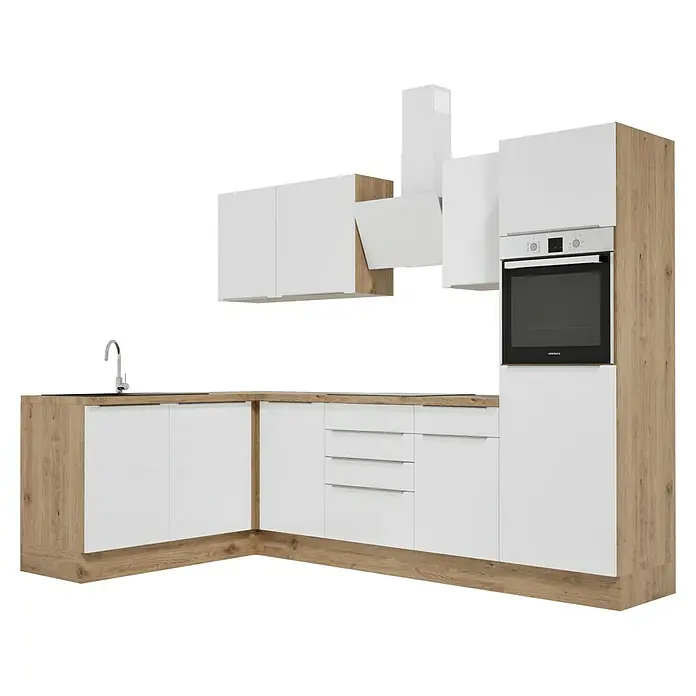 BAUHAUS Cocina esquinera Marleen - An x Pr: 280 x 170 cm, Blanco, Mate, Color del cuerpo: Marrón, Con electrodomésticos - Elegante cocina con armarios blancos y detalles en color madera, incluyendo campana extractora y horno para un diseño moderno.