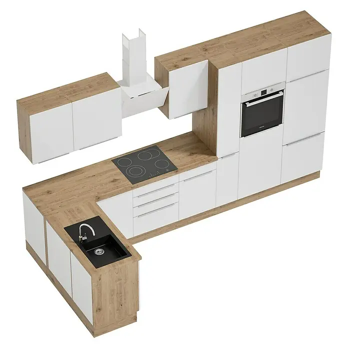 BAUHAUS Cocina esquinera Marleen - An x Pr: 370 x 170 cm, Blanco, Mate, Color del cuerpo: Marrón, Con electrodomésticos - Cocina moderna con armarios blancos, encimeras de madera, fregadero y vitrocerámica, que ofrece un diseño elegante y funcional.