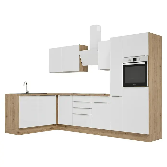 BAUHAUS Cocina esquinera Marleen - An x Pr: 310 x 170 cm, Blanco, Mate, Color del cuerpo: Marrón, Con electrodomésticos - Cocina moderna en blanco y aspecto de madera con horno integrado y campana extractora para un diseño de cocina elegante.