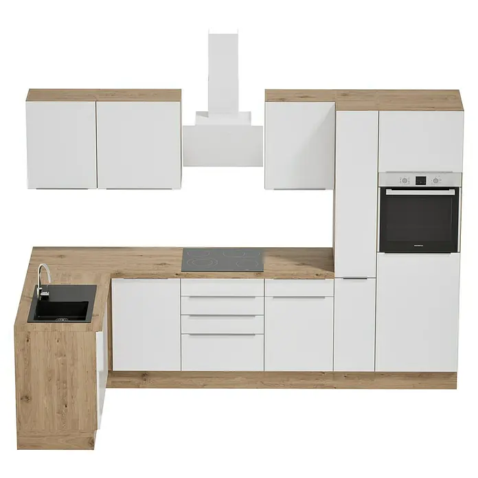 BAUHAUS Cocina esquinera Marleen - An x Pr: 310 x 170 cm, Blanco, Mate, Color del cuerpo: Marrón, Con electrodomésticos - Cocina moderna con armarios blancos, encimeras de madera y un fregadero negro. La campana extractora y el horno están integrados.
