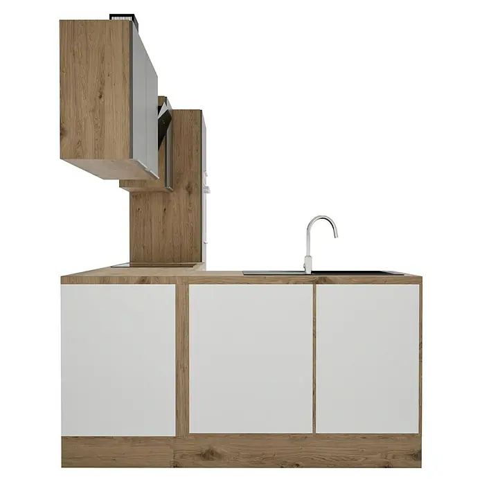 BAUHAUS Cocina esquinera Marleen - An x Pr: 310 x 170 cm, Gris, Mate, Color del cuerpo: Marrón, Con electrodomésticos - Mueble de cocina con frentes blancos y encimera de madera, además de armarios colgantes con la misma decoración de madera.