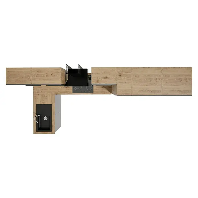 BAUHAUS Cocina esquinera Marleen - An x Pr: 370 x 170 cm, Gris, Mate, Color del cuerpo: Marrón, Con electrodomésticos - Vista superior de una cocina moderna con armarios de madera, un fregadero negro y una placa de cocina debajo de una campana extractora negra. Líneas limpias y diseño minimalista.