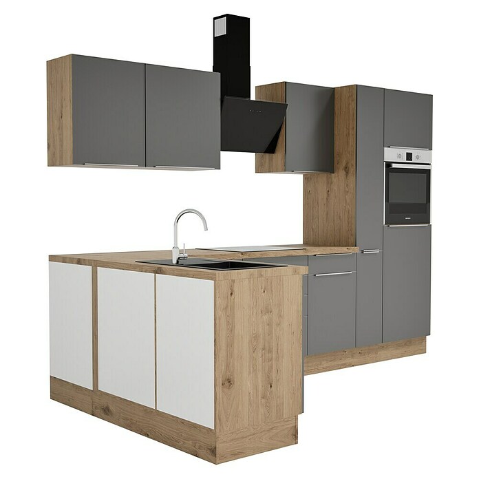 BAUHAUS Cocina esquinera Marleen (An x Pr: 310 x 170 cm, Gris, Mate, Color del cuerpo: Marrón, Con electrodomésticos) | BAUHAUS
