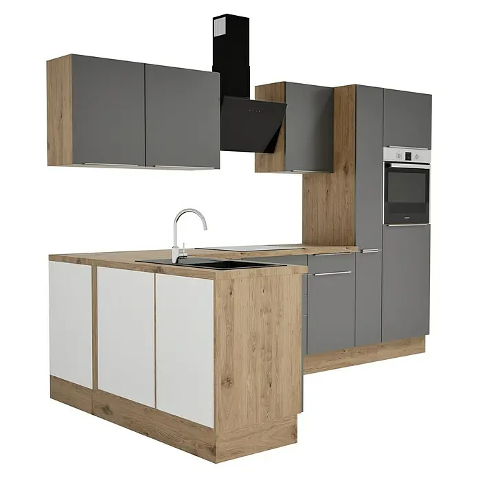 BAUHAUS Cocina esquinera Marleen - An x Pr: 310 x 170 cm, Gris, Mate, Color del cuerpo: Marrón, Con electrodomésticos - Cocina moderna en gris y aspecto de madera con detalles blancos y campana extractora negra, creando un ambiente elegante.