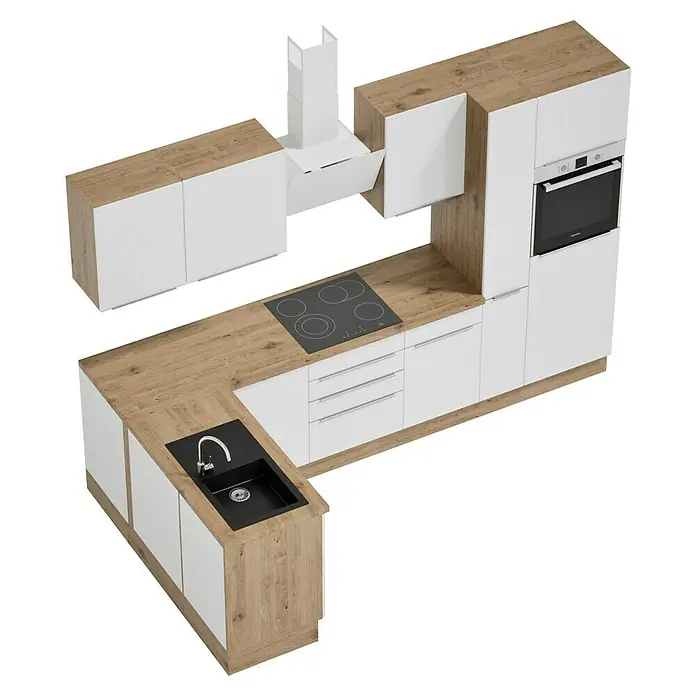 BAUHAUS Cocina esquinera Marleen - An x Pr: 310 x 170 cm, Blanco, Mate, Color del cuerpo: Marrón, Con electrodomésticos - Vista de una cocina moderna con encimera de madera, armarios blancos, fregadero y vitrocerámica, ideal para la vida contemporánea.