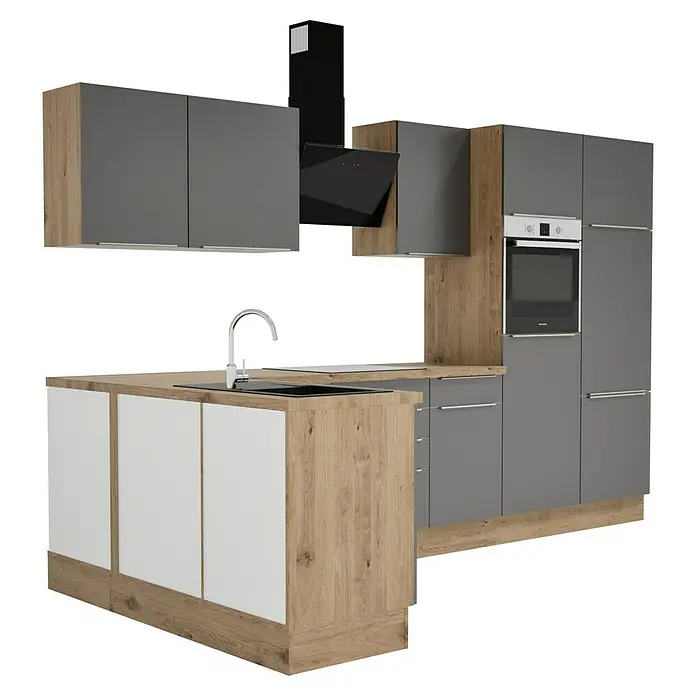 BAUHAUS Cocina esquinera Marleen - An x Pr: 340 x 170 cm, Gris, Mate, Color del cuerpo: Marrón, Con electrodomésticos - Imagen de una cocina moderna con armarios grises, una campana extractora y una isla de cocina con frentes blancos.