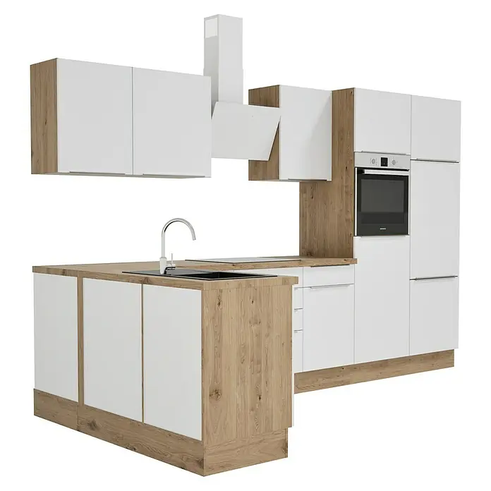 BAUHAUS Cocina esquinera Marleen - An x Pr: 340 x 170 cm, Blanco, Mate, Color del cuerpo: Marrón, Con electrodomésticos - Isla de cocina con frentes blancos y detalles en madera, incluyendo campana extractora y horno integrado para diseño moderno.