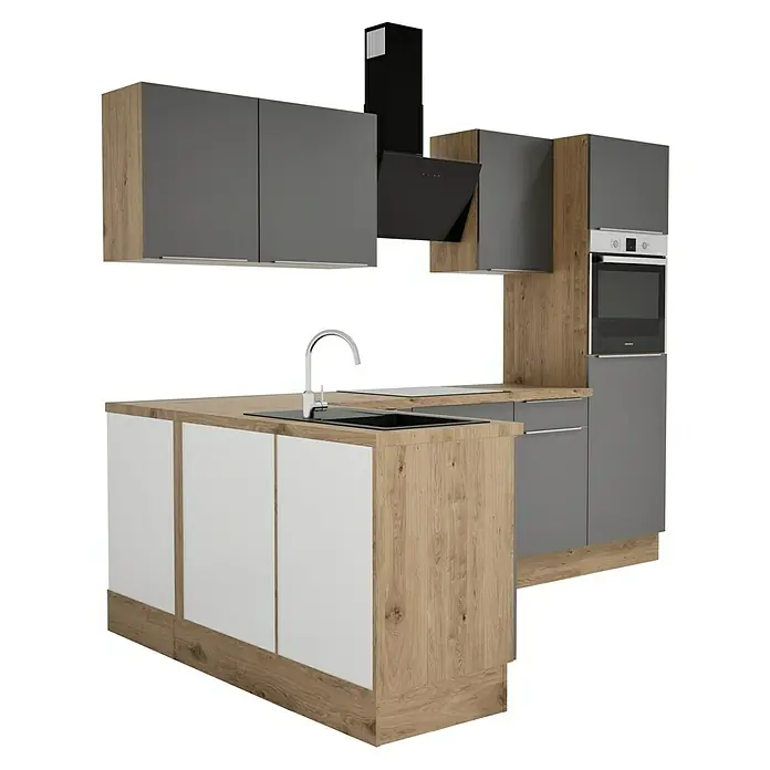 BAUHAUS Cocina esquinera Marleen - An x Pr: 280 x 170 cm, Gris, Mate, Color del cuerpo: Marrón, Con electrodomésticos - Unidad de cocina con isla en aspecto madera y gris con frentes blancos. El moderno bloque de cocina ofrece mucho espacio de almacenamiento y una campana extractora elegante.