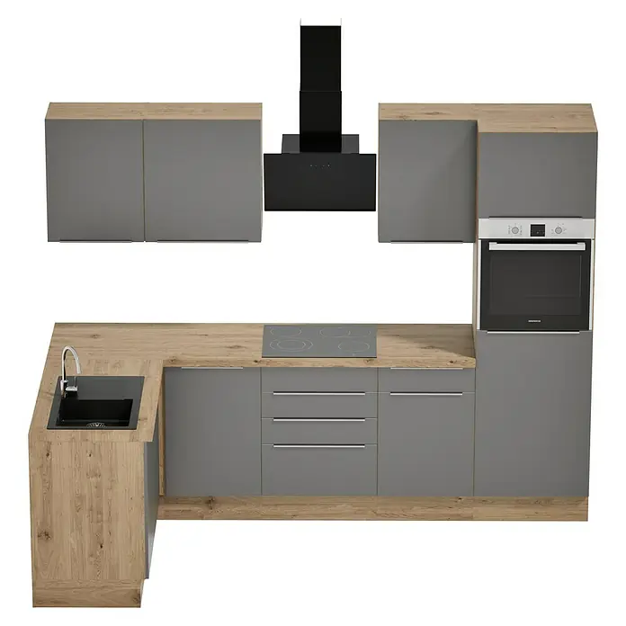 BAUHAUS Cocina esquinera Marleen - An x Pr: 280 x 170 cm, Gris, Mate, Color del cuerpo: Marrón, Con electrodomésticos - Cocina moderna con armarios grises y encimeras de madera, incluyendo fregadero, vitrocerámica y campana extractora.