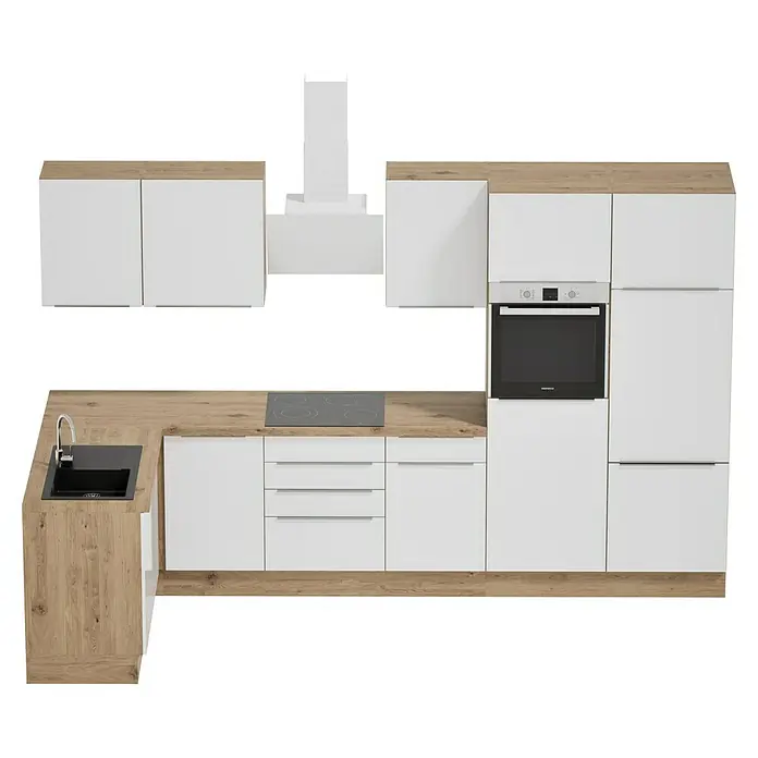 BAUHAUS Cocina esquinera Marleen - An x Pr: 340 x 170 cm, Blanco, Mate, Color del cuerpo: Marrón, Con electrodomésticos - Cocina moderna con armarios blancos, encimeras de madera y un fregadero negro. La placa y el horno son electrodomésticos modernos.