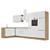 BAUHAUS Cocina esquinera Marleen (An x Pr: 370 x 170 cm, Blanco, Mate, Color del cuerpo: Marrón, Con electrodomésticos) | BAUHAUS