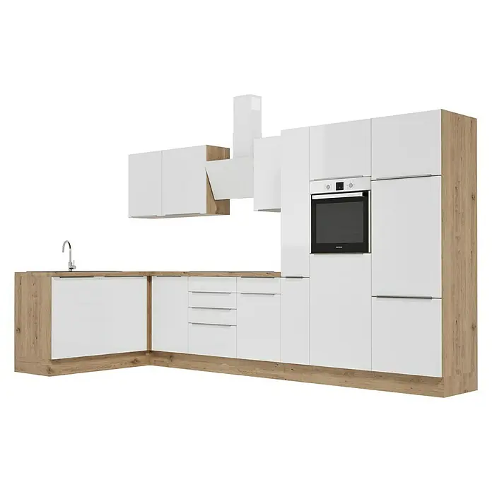 BAUHAUS Cocina esquinera Marleen - An x Pr: 370 x 170 cm, Blanco, Mate, Color del cuerpo: Marrón, Con electrodomésticos - Un conjunto de cocina moderno con armarios blancos y detalles de madera, incluyendo una campana extractora y un horno empotrado.