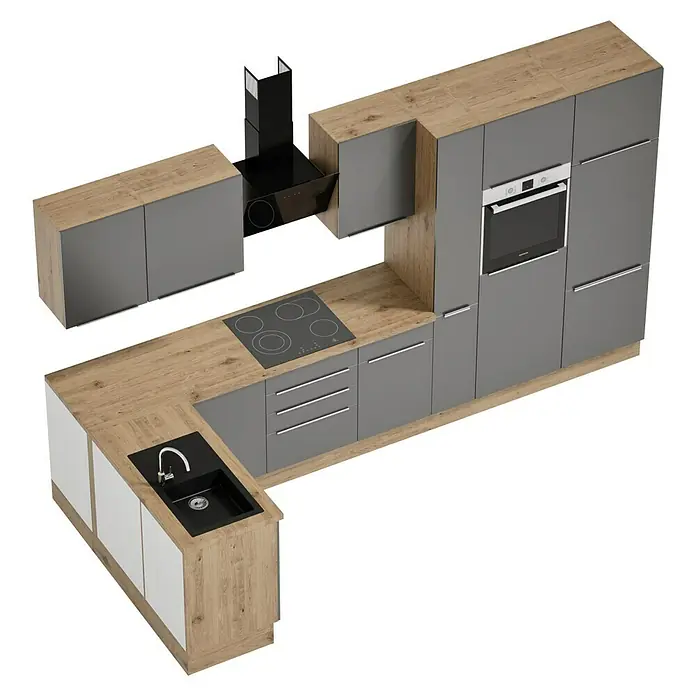 BAUHAUS Cocina esquinera Marleen - An x Pr: 370 x 170 cm, Gris, Mate, Color del cuerpo: Marrón, Con electrodomésticos - Diseño de cocina moderno con armarios grises, encimeras de madera y un fregadero negro. Ideal para espacios de cocina elegantes.