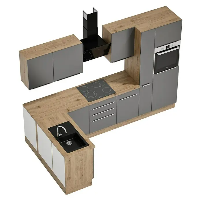 BAUHAUS Cocina esquinera Marleen - An x Pr: 310 x 170 cm, Gris, Mate, Color del cuerpo: Marrón, Con electrodomésticos - Una cocina moderna con armarios grises, una encimera de madera y un fregadero negro, que combina funcionalidad con diseño elegante.