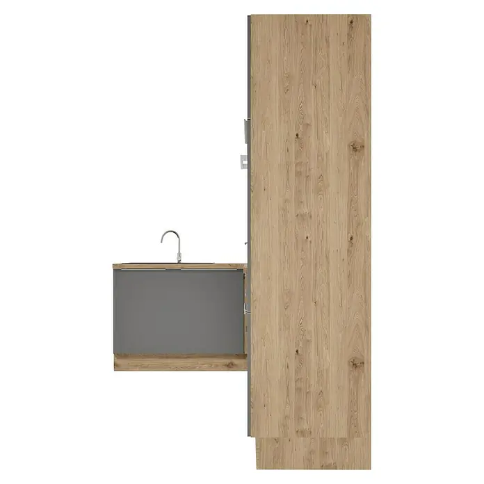 BAUHAUS Cocina esquinera Marleen - An x Pr: 370 x 170 cm, Gris, Mate, Color del cuerpo: Marrón, Con electrodomésticos - Moderna unidad de cocina con fregadero gris y amplio armario de madera, ideal para cocinas estilosas.