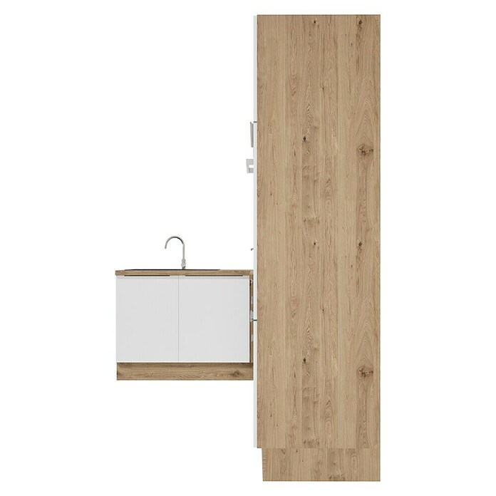 BAUHAUS Winkelküche Sandra (B x T: 370 x 170 cm, Weiß, Matt, Farbe Korpus: Artisan Eiche, Mit Elektrogeräten) | BAUHAUS