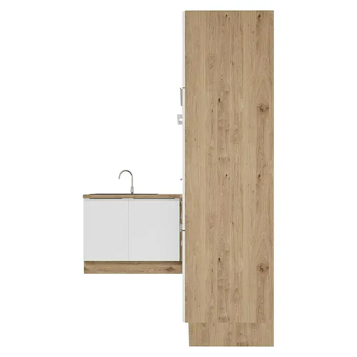 BAUHAUS Cocina esquinera Marleen - An x Pr: 370 x 170 cm, Blanco, Mate, Color del cuerpo: Marrón, Con electrodomésticos - Mueble de cocina con armarios blancos, fregadero y paneles altos de madera. Diseño moderno para la cocina.