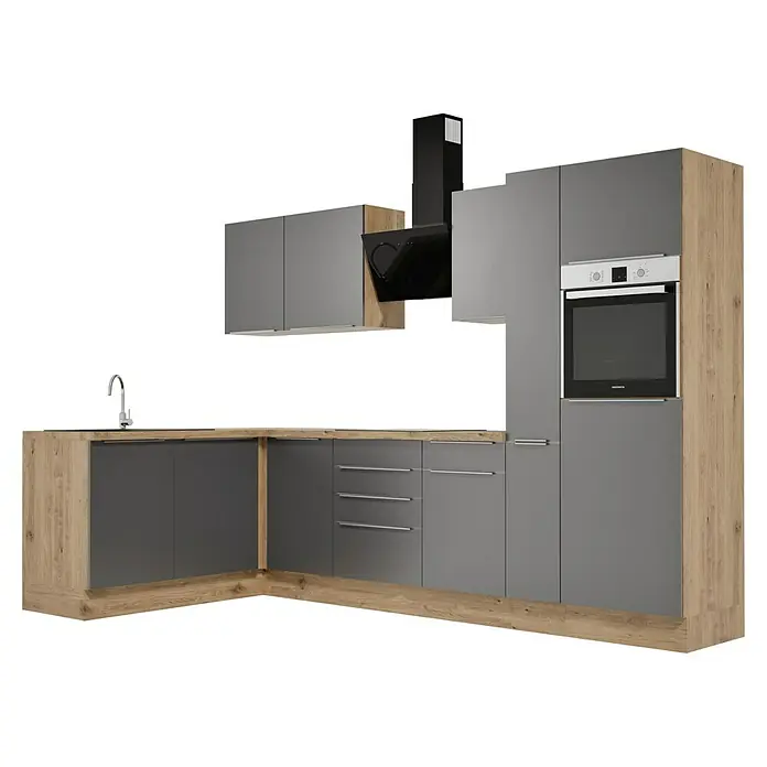 BAUHAUS Cocina esquinera Marleen - An x Pr: 310 x 170 cm, Gris, Mate, Color del cuerpo: Marrón, Con electrodomésticos - Módulo de cocina gris con marco de madera, campana extractora y horno integrado. Diseño moderno y elegante.