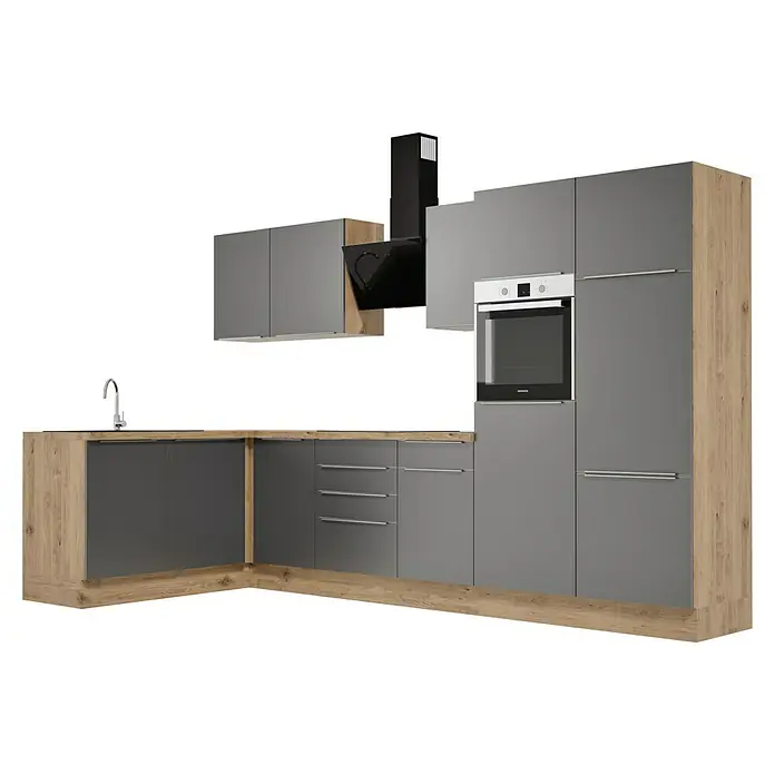 BAUHAUS Cocina esquinera Marleen - An x Pr: 340 x 170 cm, Gris, Mate, Color del cuerpo: Marrón, Con electrodomésticos - En la imagen, una cocina moderna con armarios grises, una campana extractora negra y detalles con aspecto de madera para un diseño elegante.
