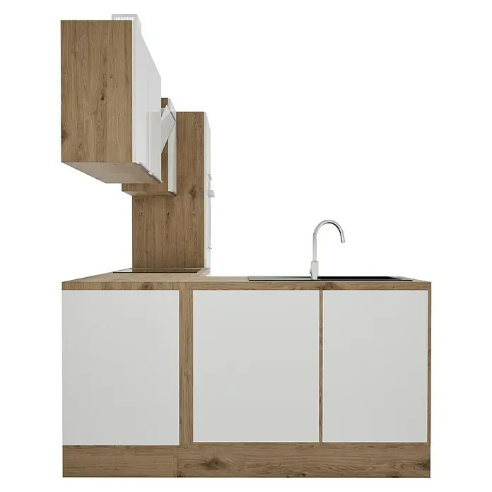 BAUHAUS Cocina esquinera Marleen - An x Pr: 310 x 170 cm, Blanco, Mate, Color del cuerpo: Marrón, Con electrodomésticos - Mueble de cocina con frentes blancos y elementos de madera para un diseño moderno y elegante.