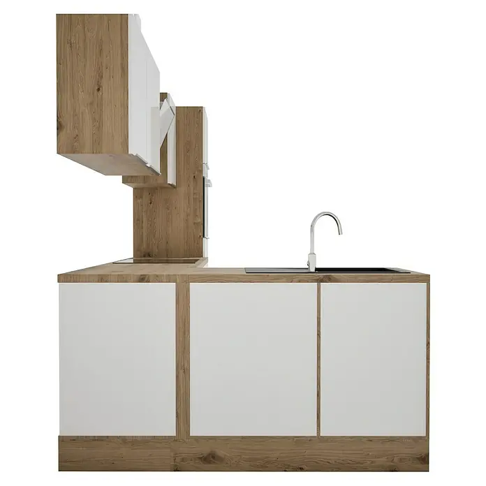 BAUHAUS Cocina esquinera Marleen - An x Pr: 280 x 170 cm, Blanco, Mate, Color del cuerpo: Marrón, Con electrodomésticos - Una cocina moderna con armarios blancos y detalles de madera, creando un ambiente elegante y funcional.