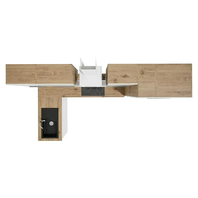 BAUHAUS Cocina esquinera Marleen - An x Pr: 310 x 170 cm, Blanco, Mate, Color del cuerpo: Marrón, Con electrodomésticos - Vista superior de una cocina moderna con encimeras de madera, un fregadero negro y una placa de cocina bajo una campana blanca.