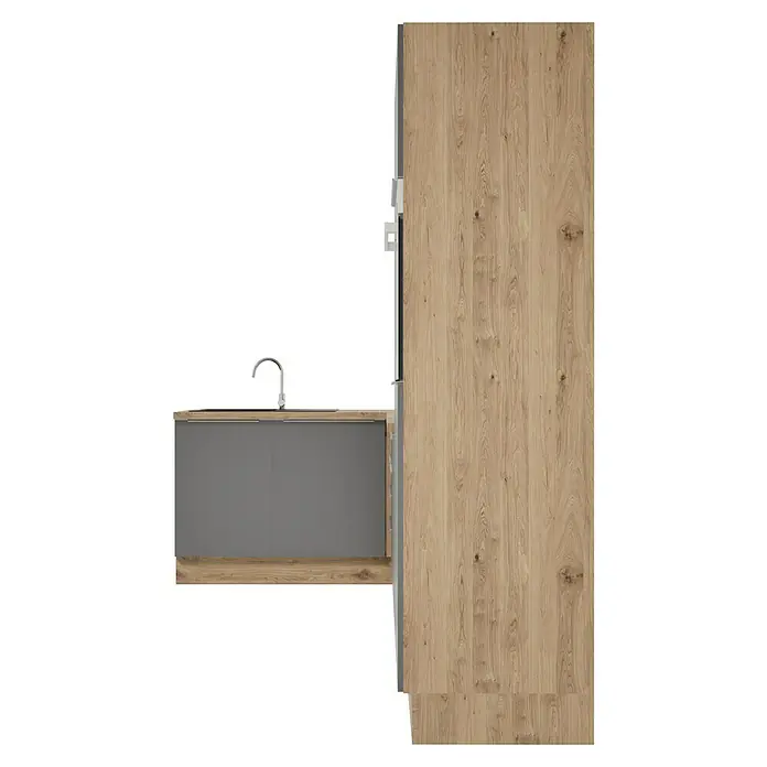 BAUHAUS Cocina esquinera Marleen - An x Pr: 310 x 170 cm, Gris, Mate, Color del cuerpo: Marrón, Con electrodomésticos - Módulo de cocina con armarios grises, fregadero y armario alto con aspecto de madera. Diseño moderno y elegante.