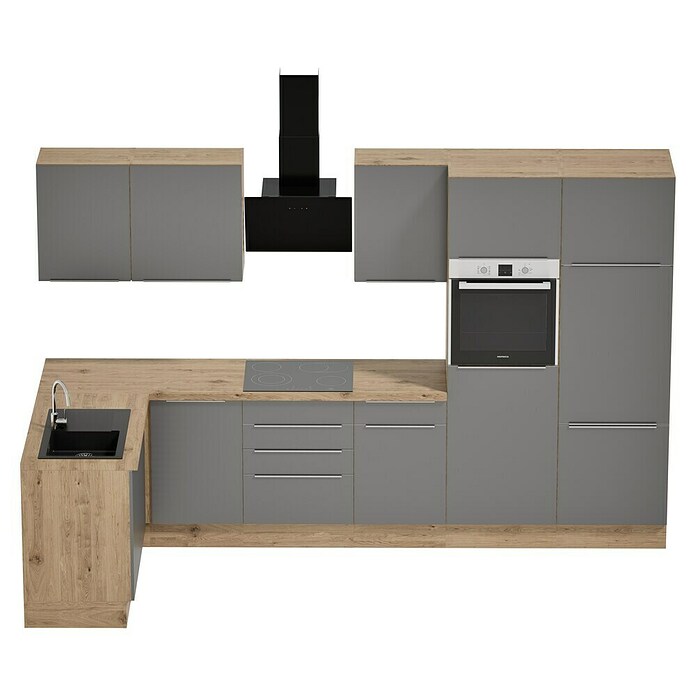 BAUHAUS Cocina esquinera Marleen (An x Pr: 340 x 170 cm, Gris, Mate, Color del cuerpo: Marrón, Con electrodomésticos) | BAUHAUS