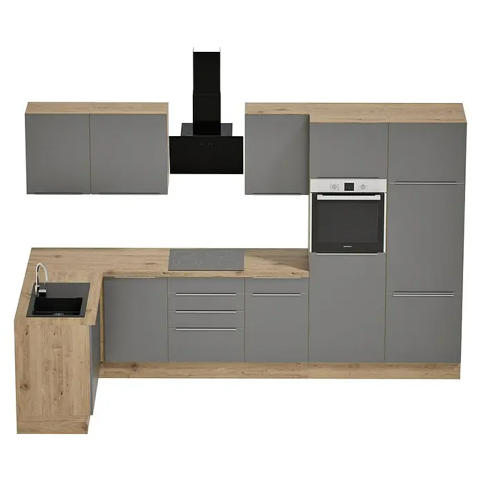 BAUHAUS Cocina esquinera Marleen - An x Pr: 340 x 170 cm, Gris, Mate, Color del cuerpo: Marrón, Con electrodomésticos - Una cocina moderna en gris con encimeras de madera y detalles en negro, que combina funcionalidad y estilo.
