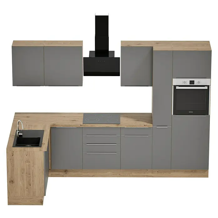 BAUHAUS Cocina esquinera Marleen - An x Pr: 310 x 170 cm, Gris, Mate, Color del cuerpo: Marrón, Con electrodomésticos - Imagen de una cocina moderna con armarios grises y encimeras de madera, incluyendo una campana extractora y horno integrado.