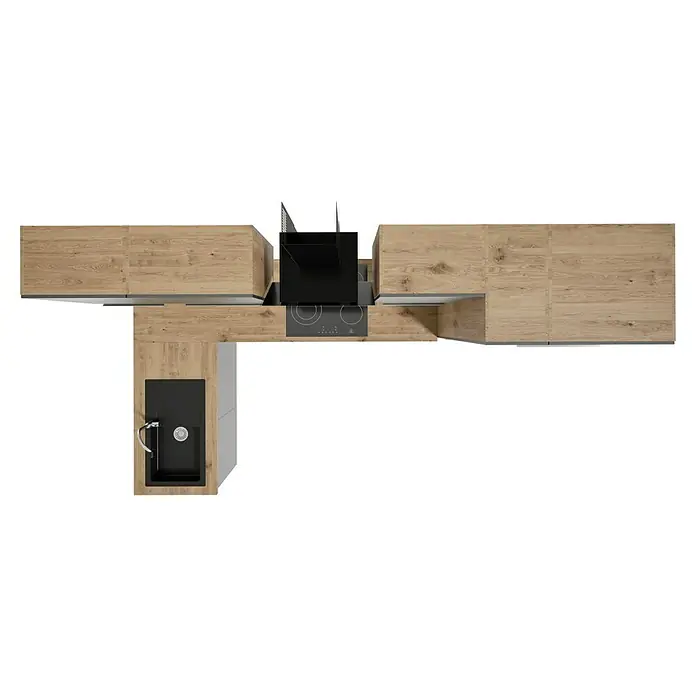 BAUHAUS Cocina esquinera Marleen - An x Pr: 310 x 170 cm, Gris, Mate, Color del cuerpo: Marrón, Con electrodomésticos - Vista superior de una cocina con frentes de madera, fregadero y vitrocerámica negros. La campana extractora también es negra.