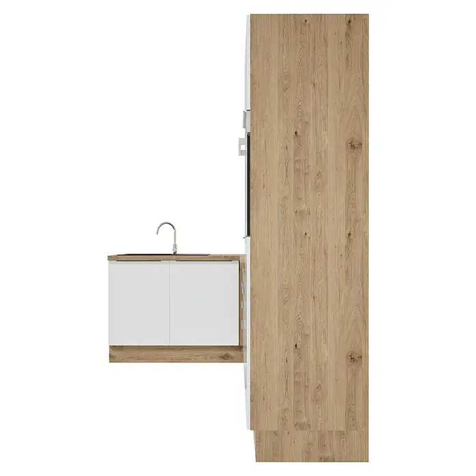 BAUHAUS Cocina esquinera Marleen - An x Pr: 310 x 170 cm, Blanco, Mate, Color del cuerpo: Marrón, Con electrodomésticos - Vista detallada de una zona de cocina con fregadero, armarios bajos blancos y una alta pared de armarios de madera.