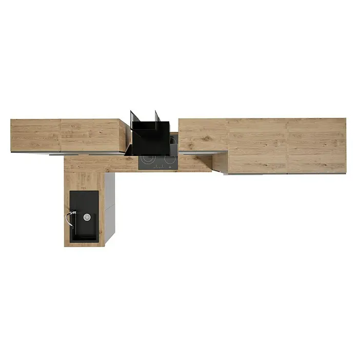BAUHAUS Cocina esquinera Marleen - An x Pr: 340 x 170 cm, Gris, Mate, Color del cuerpo: Marrón, Con electrodomésticos - Vista superior de una disposición de cocina con fregadero, fogones y campana extractora, mostrando un diseño de cocina moderno y funcional.
