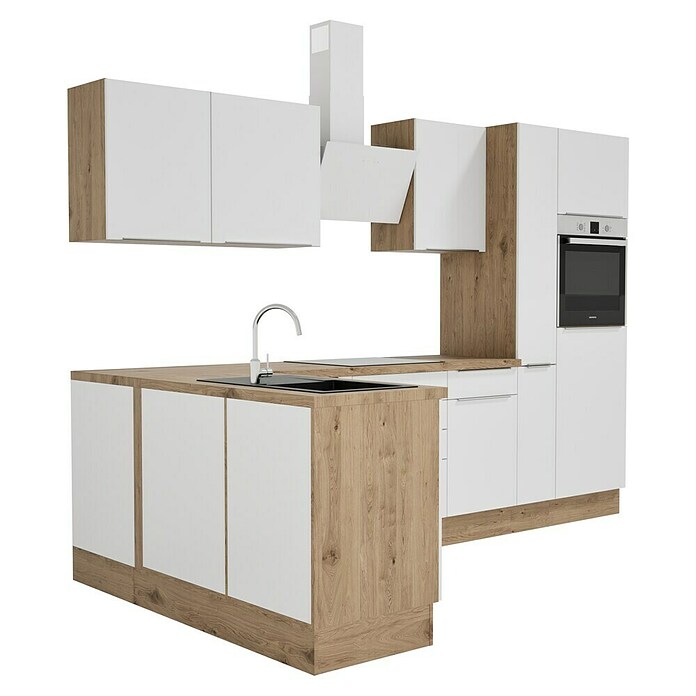BAUHAUS Cocina esquinera Marleen (An x Pr: 310 x 170 cm, Blanco, Mate, Color del cuerpo: Marrón, Con electrodomésticos) | BAUHAUS