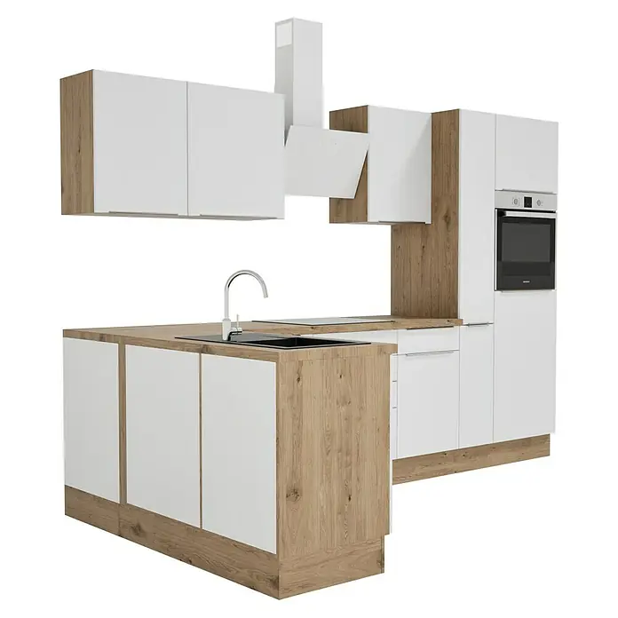 BAUHAUS Cocina esquinera Marleen - An x Pr: 310 x 170 cm, Blanco, Mate, Color del cuerpo: Marrón, Con electrodomésticos - Elegante cocina con frentes blancos y elementos de madera. El diseño moderno ofrece mucho espacio de almacenamiento y un ambiente elegante.