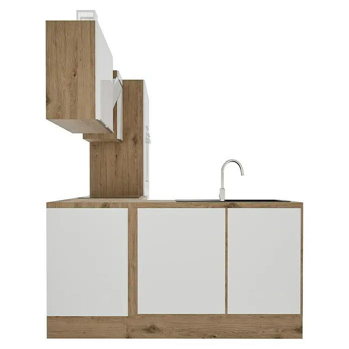 BAUHAUS Cocina esquinera Marleen - An x Pr: 370 x 170 cm, Blanco, Mate, Color del cuerpo: Marrón, Con electrodomésticos - Un diseño de cocina moderno y elegante en tonos madera y blanco. Los armarios y cajones ofrecen un amplio espacio de almacenamiento.
