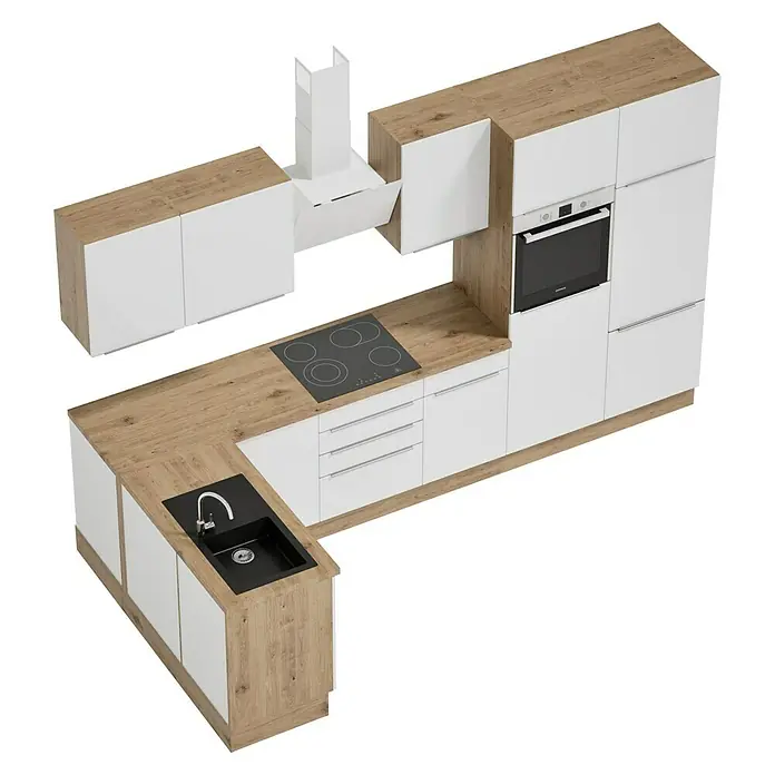 BAUHAUS Cocina esquinera Marleen - An x Pr: 340 x 170 cm, Blanco, Mate, Color del cuerpo: Marrón, Con electrodomésticos - Vista de una cocina moderna con tonos de madera y blanco, completa con fregadero, fogones y horno para una experiencia completa de cocina.