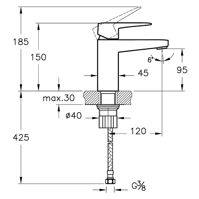 VitrA Waschtischarmatur Root Square - 151 mm, Schwarz, Matt - Abbildung einer Armatur mit Maßangaben, einschließlich Höhe, Ausladung und Gewindegröße für Installationszwecke.
