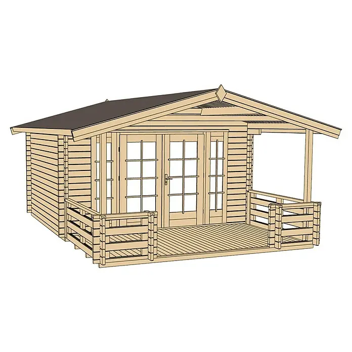 Weka Gartenhaus Weekendhaus 137 B - Außenmaß inkl. Dachüberstand (B x T): 460 x 590 cm, Holz, Natur, 22,04 m² - Illustration eines Holzhauses mit Terrasse und Doppeltüren, das ein gemütliches und einladendes Ambiente vermittelt.