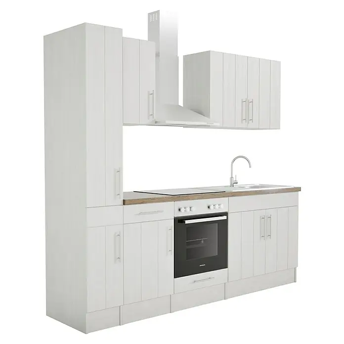 Respekta Premium Composición de cocina Anton - Ancho: 240 cm, Blanco, Con electrodomésticos - Elegante cocina blanca con armarios modernos, hornilla integrada y fregadero. El diseño de cocina perfecto para un hogar elegante.